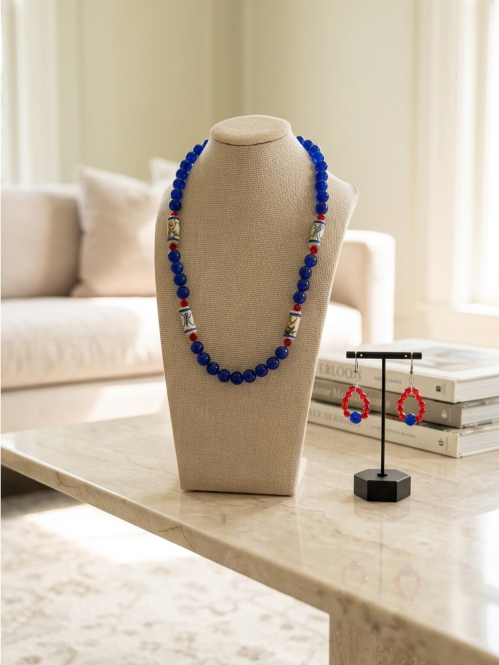 Handcrafted Blue Glass Beaded Necklace & Earrings with Red Crystal Accents